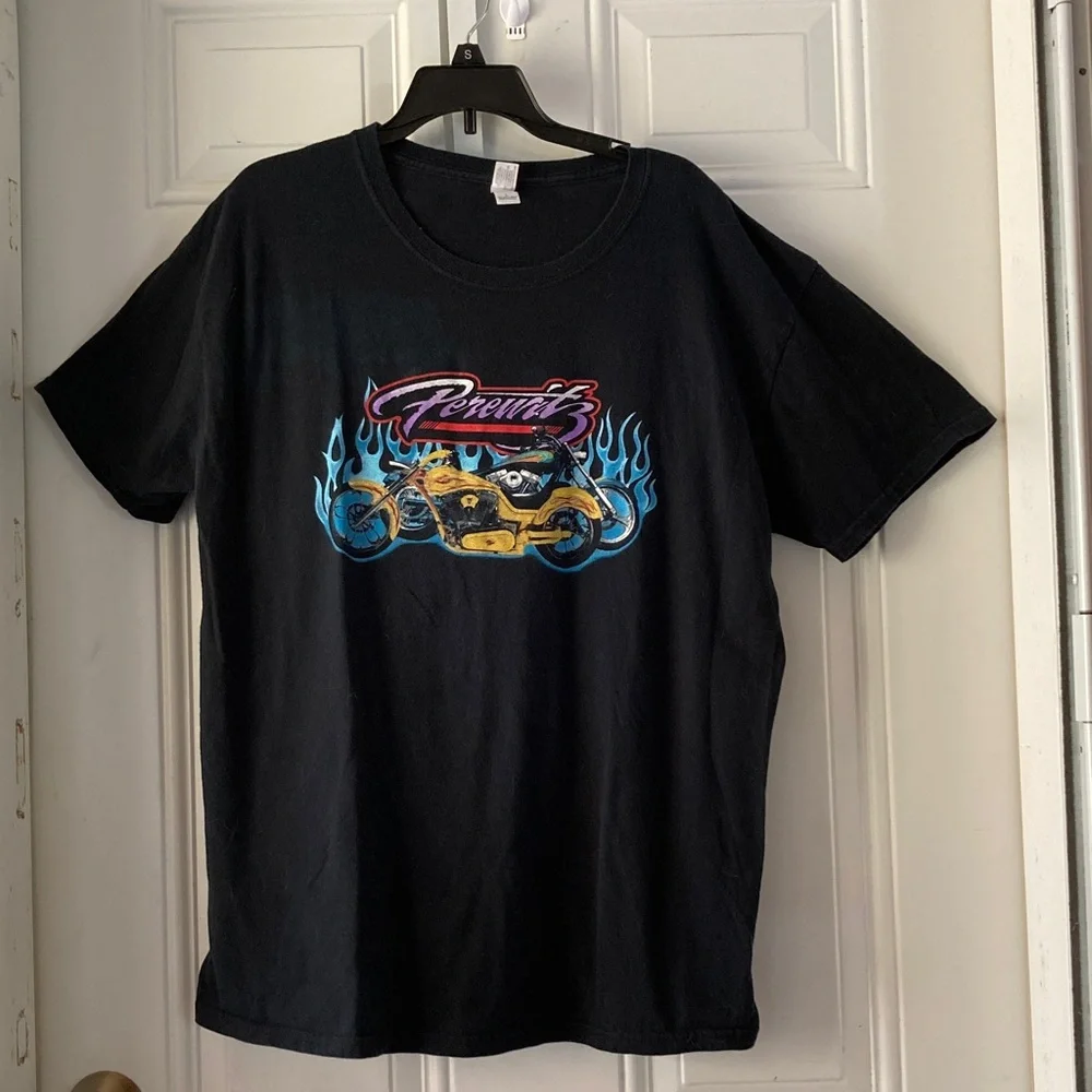 HARLEY DAVIDSON Vintage Perewitz Motorcycles Flames Black T Shirt Mens Large - Picture 2 of 8